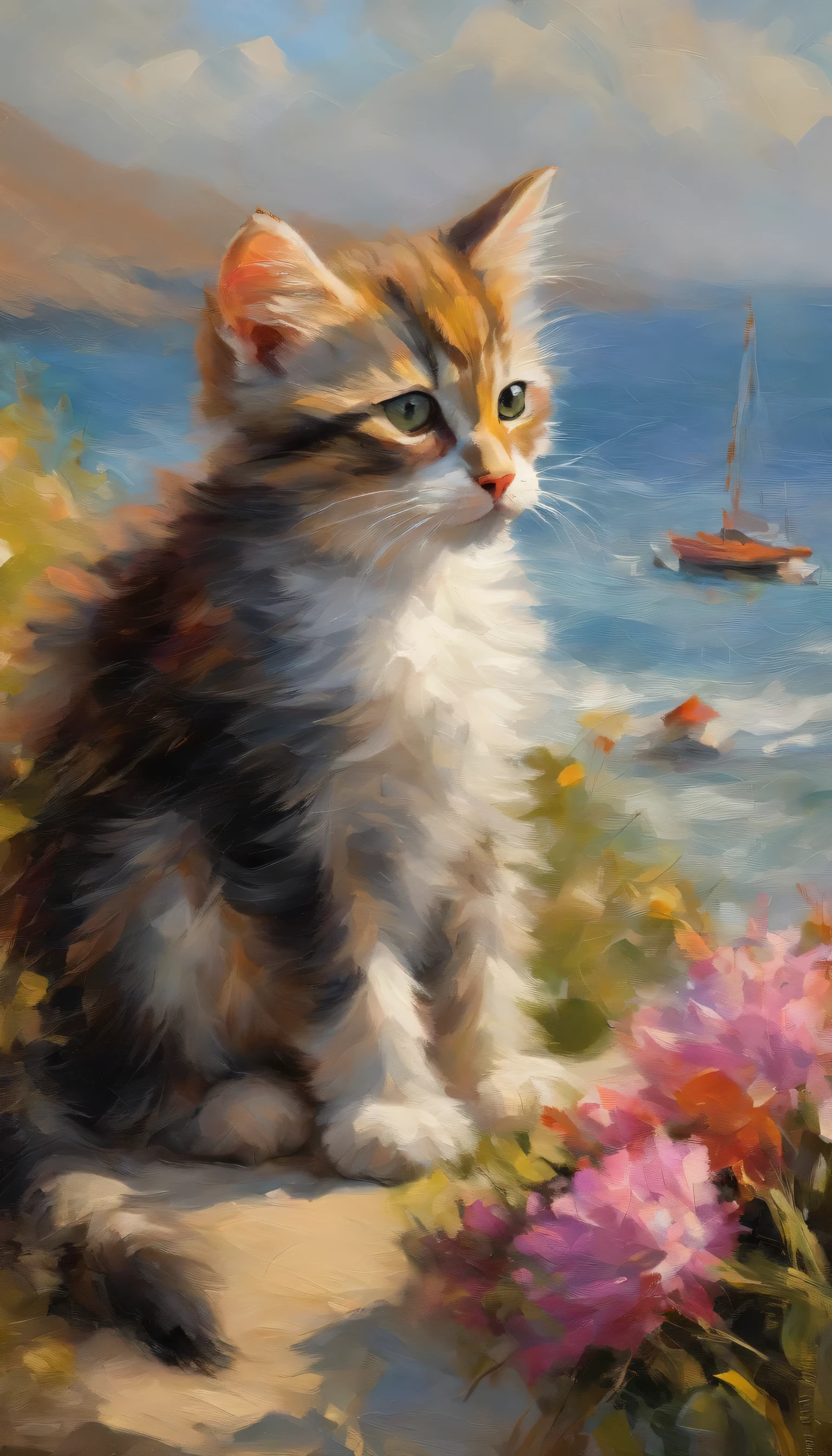(Highest quality,Very detailed,Realistic),Kitten looking at the sea,Beautiful attention to detail,Curious look,With soft fur,Small feet,Fluffy tail,Cute Beard,Sunny ocean background,There are delicate clouds,Floating gracefully,Colorful petals,Breeze,Playful movement,Vibrant colors,Artistic Expression,Faintly illuminated