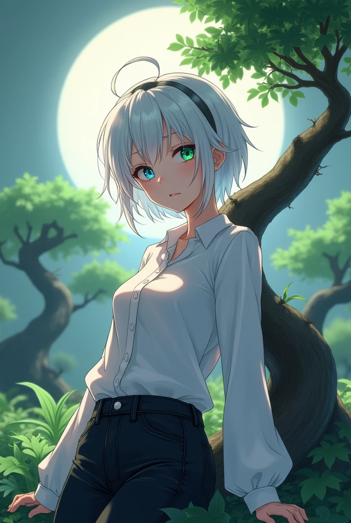 anime style, young adult woman, with blue right eye and green left eye, short white hair. 
Bella.
He is wearing jeans(black), blouse(white).
In a Japanese garden.
Behind a bonsai tree.
with the moon in the background.