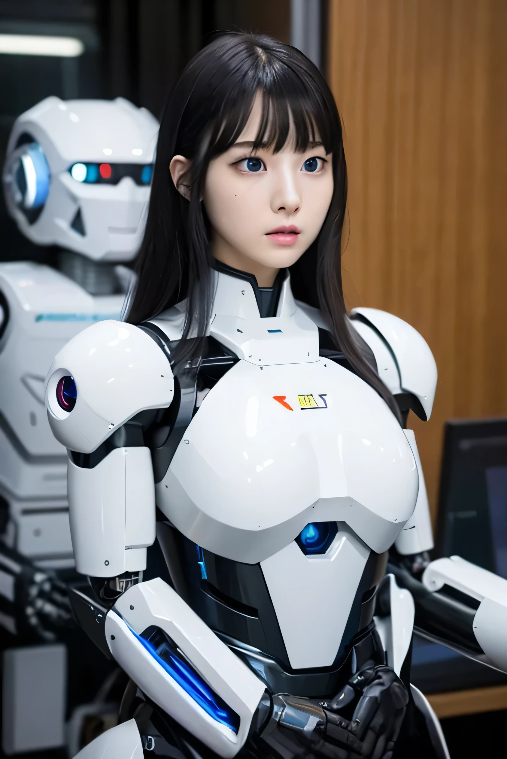 masterpiece, best quality, extremely detailed,8k portrait,Japaese android girl,Plump , control panels,android,Droid,Mechanical Hand, Robot arms and legs, Black hair,Blunt bangs,perfect robot girl,long tube,thick cable connected her neck,android,robot,humanoid,cyborg,japanese cyborg girl ,robot-assembly plant,She has assembled now,assembly scene,white robot body,blue eyes,hypnosis,blank eyes