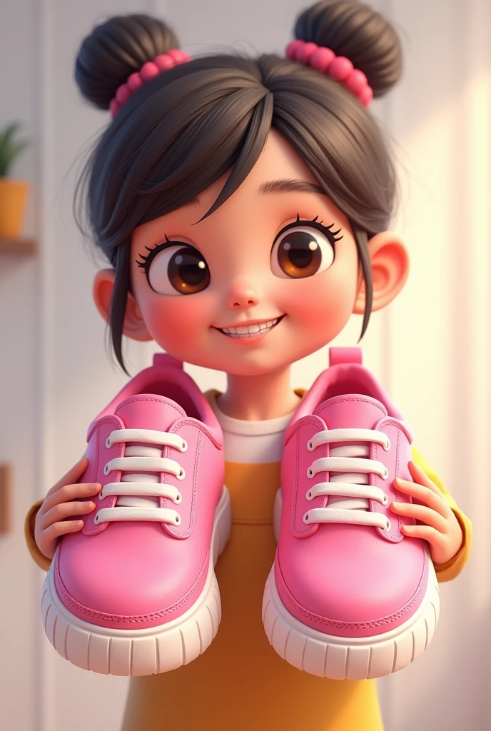 Girl holding her big pink shoes sneakers happy (cartoon) (one bun hair) close up