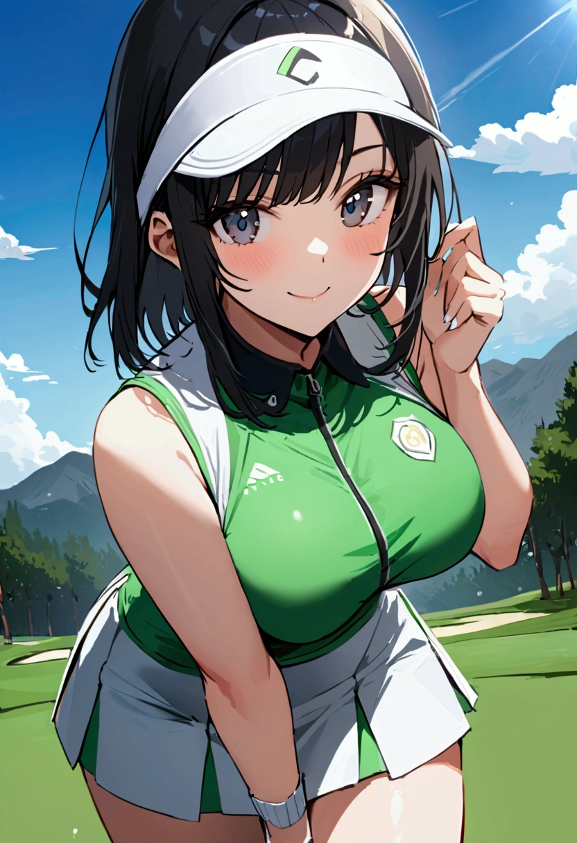 sound　High resolution　The beauty of 8k　Woman playing golf　Golf course　Beautiful woman　Wolf Cut　Black Hair　　Golf Wear　mini skirt　smile　　Looking into the camera　nice shot　Sleeveless　Sun visor　wild