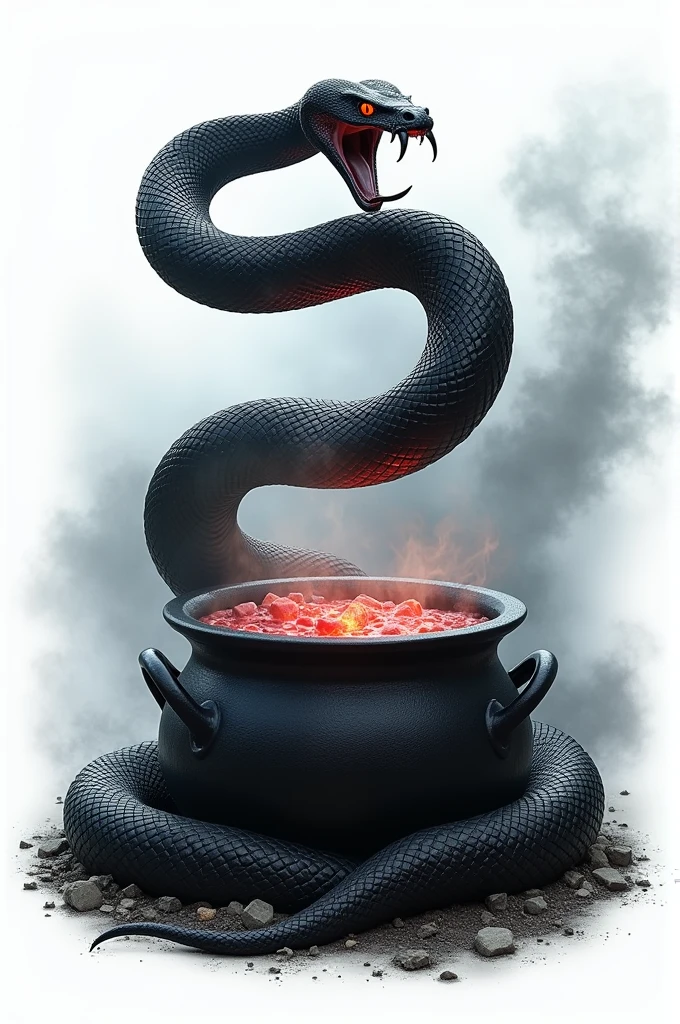 Black snake logo on white background, viper, Lair, cauldron, realisitic, Black Snake, Spell, cauldron, black manba viper snake, Eyes red, fire, cemetery, smoke, a snake, fundo branco, cobra perfeita, logo, cemitério