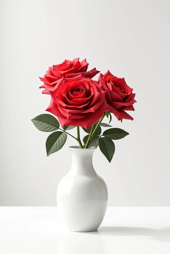 A delicate arrangement of blooming red roses, their petals soft and vibrant, in a pristine white vase.A minimalist composition featuring a single stem of red roses, their beauty highlighted by the stark white background."