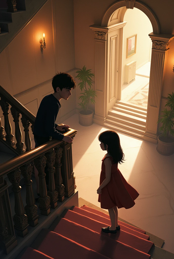 A boy standing top of the stairs taking support of the side grip by using his hand and bending towards opposite side of grip and staring or admiring girl at the bottom of the stair (stairs contain 30 steps