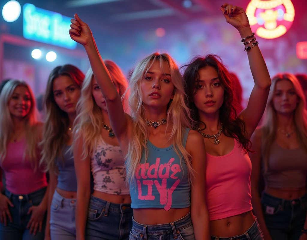 Photograph of young women wearing skater fashion. Everyone is wearing a tank top. They are standing side by side, one person raising their hand. I'm in a party mood and the tension is rising