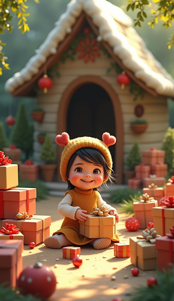 Girl outside a little house playing with toys and there are many gifts and it is called El Rinconcito De Jeimy