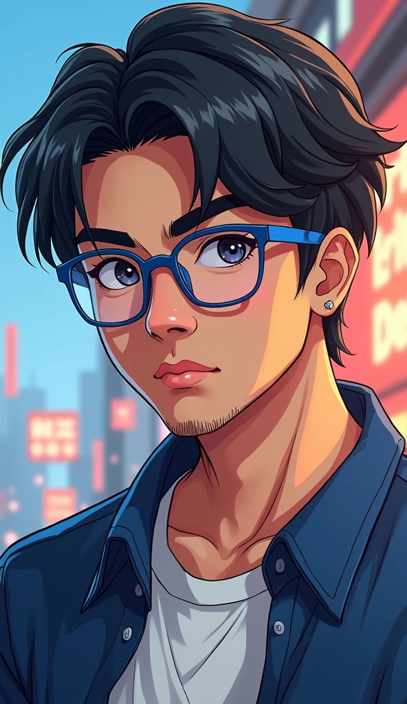 I am a man with short, black, wavy hair with an American cut., with very black eyebrows, with a round face and a little cheeks, lips a little thick, I wear blue framed glasses with square lenses. I'm 2 and I like games, thin black mustache and beard. In a kind of Asian style, just the eyes, I don't wear earrings. I'm a little strong and a little full.
With game themes as if it were an anime or game character