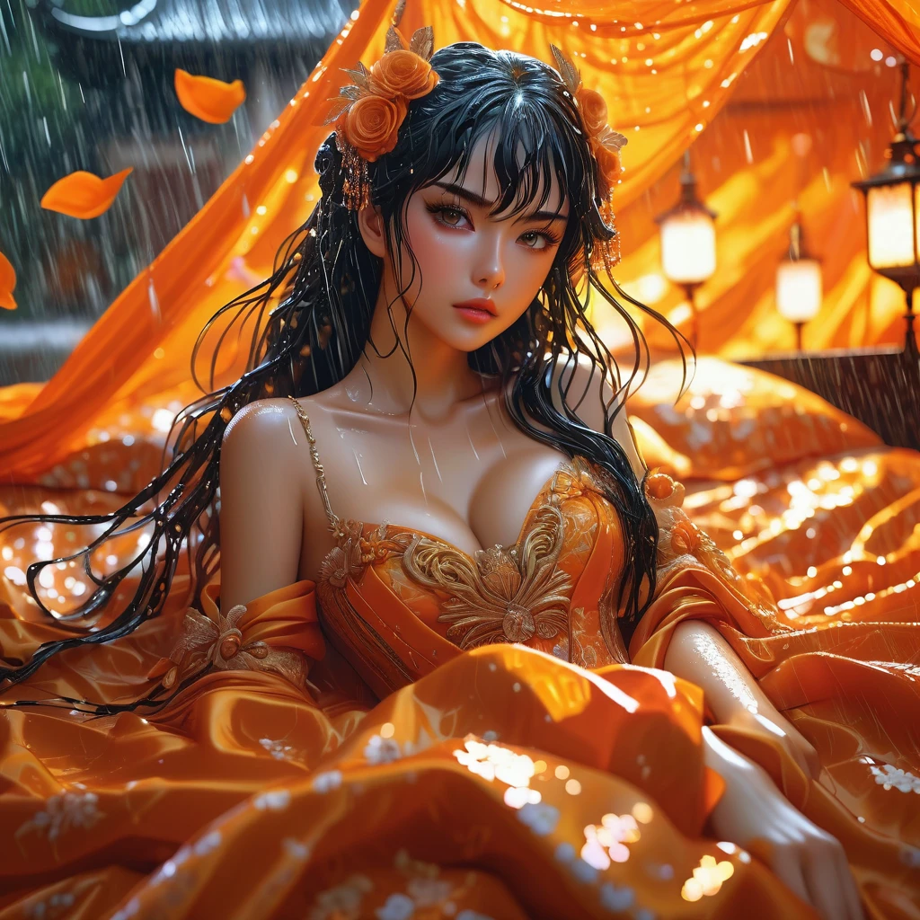 rait of a beautiful anime girl in an elaborate elaborate dress on a bed of orange sheets in the rain, detailed face, matte painting, cinematic