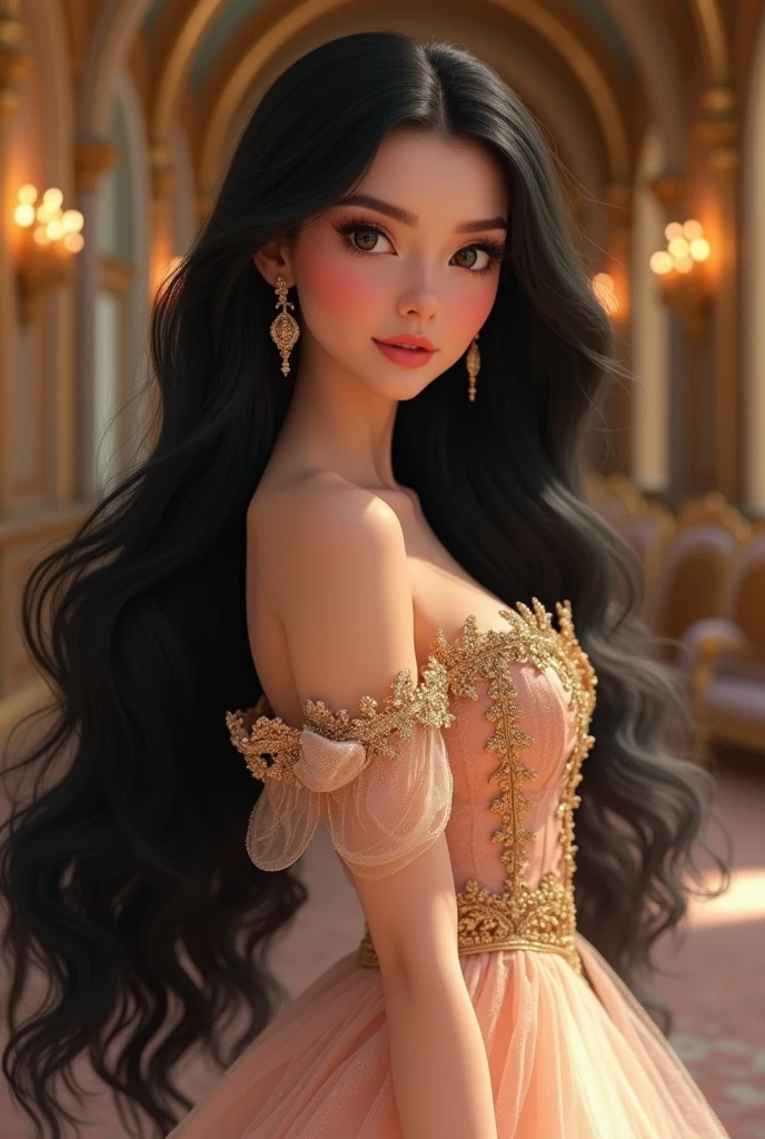 Create a video of a stunningly beautiful princess with long, flowing black hair, adorned with elegant golden earrings. She has soft pink lips, a gentle blush on her cheeks, and large, expressive black eyes. The video should show her in full body as she gracefully walks through a luxurious royal palace or garden, her elegant gown flowing with each step. The setting is richly decorated, enhancing the regal and enchanting atmosphere as the princess moves with poise and elegance.and big boobs