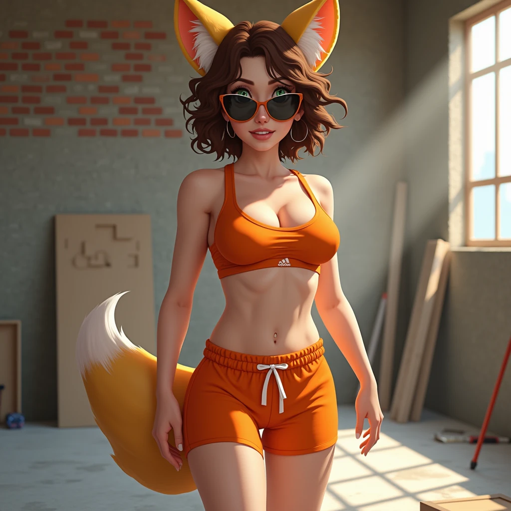 women, 18 years, huge breasts, short curly brown hair, White skin, green eyes, athletic legs, orange shorts adidas brand, orange bra, sunglasses, fox ears, Fox tail, brick wall in the background, in the background construction in progress, tools on the floor