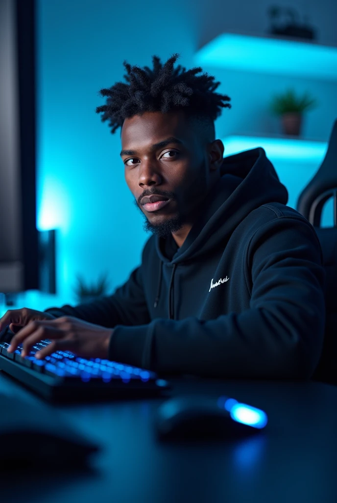 A handsome 2 young black man is looking directly at the camera from a frontal perspective in a dark gaming room. The environment is illuminated by soft blue LED lights, casting a cool glow around him. He is sitting at a sleek gaming desk filled with high-tech equipment, including a gaming monitor, keyboard, and mouse. The background features various gaming posters and futuristic decor, enhancing the immersive atmosphere of the space. His expression is focused and engaged, reflecting the intensity of his gaming experience.