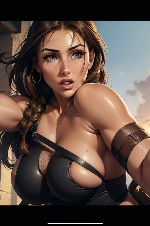 ((Lucy Pinder dressed as Lara Croft)), Art image of Lara Croft, lustful expression, biting lip, hyper breasts, apartment, bedroom, detailing face, detailing body, slingshot swimsuit, busty, beautiful, single braid in hair