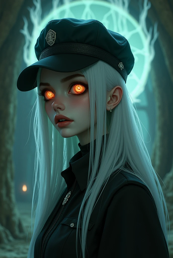 Gemera is a girl with long, straight hair and light lime-colored skin that is very light and even pale.. Let their eyes be orange but in the shape of aspirals and bright, He dresses in a somewhat gothic way and has a black cap that has a ghostly aura.. Let it be mysterious and scary, let it have a haunting smile. She is 20 years old she is a ghost