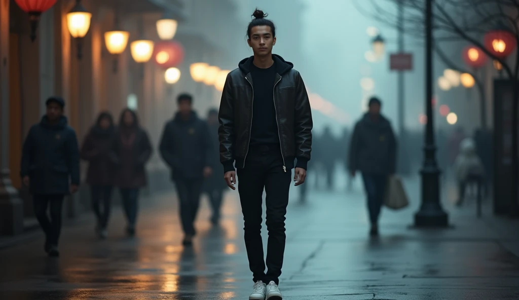 Tall, slim Asian man with slender build and tied-up hair., Wear a black T-shirt., Leather hooded jacket, Black jeans and white sneakers. Walking on the sidewalk, Dramatic street lights, With a mysterious foggy city scene, Other pedestrians walk past in the distance.. Other pedestrians move, creating a blurry effect., But the high details of the main model