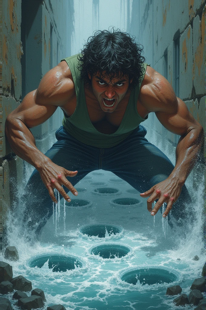 There are lots of holes from where water is leaking, a person is stopping them with his hands legs and head.