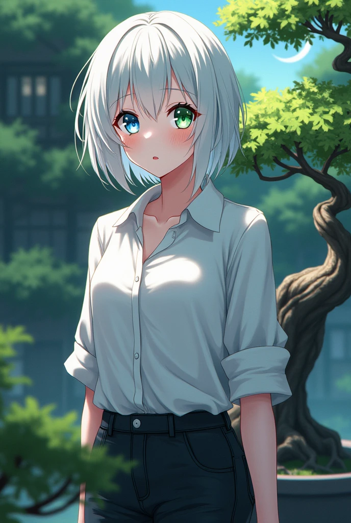 anime style, young adult woman, with blue right eye and green left eye, short white hair. 
Bella.
He is wearing jeans(black), blouse(white).
In a Japanese garden.
Behind a bonsai tree.
with the moon in the background.