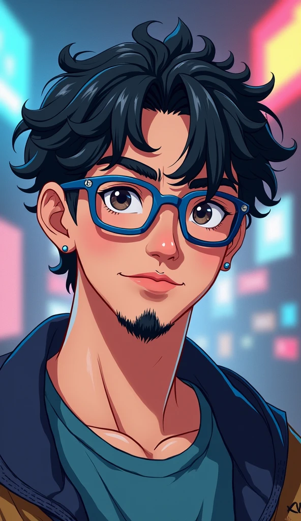 I am a man with short, black, wavy hair with an American cut., with very black eyebrows, with a round face and a little cheeks, lips a little thick, I wear blue framed glasses with square lenses. I&#39;m 2 and I like games, thin black mustache and beard. In a kind of Asian style, just the eyes, I don&#39;t wear earrings. I&#39;m a little strong and a little full.
With game themes as if it were an anime or game character