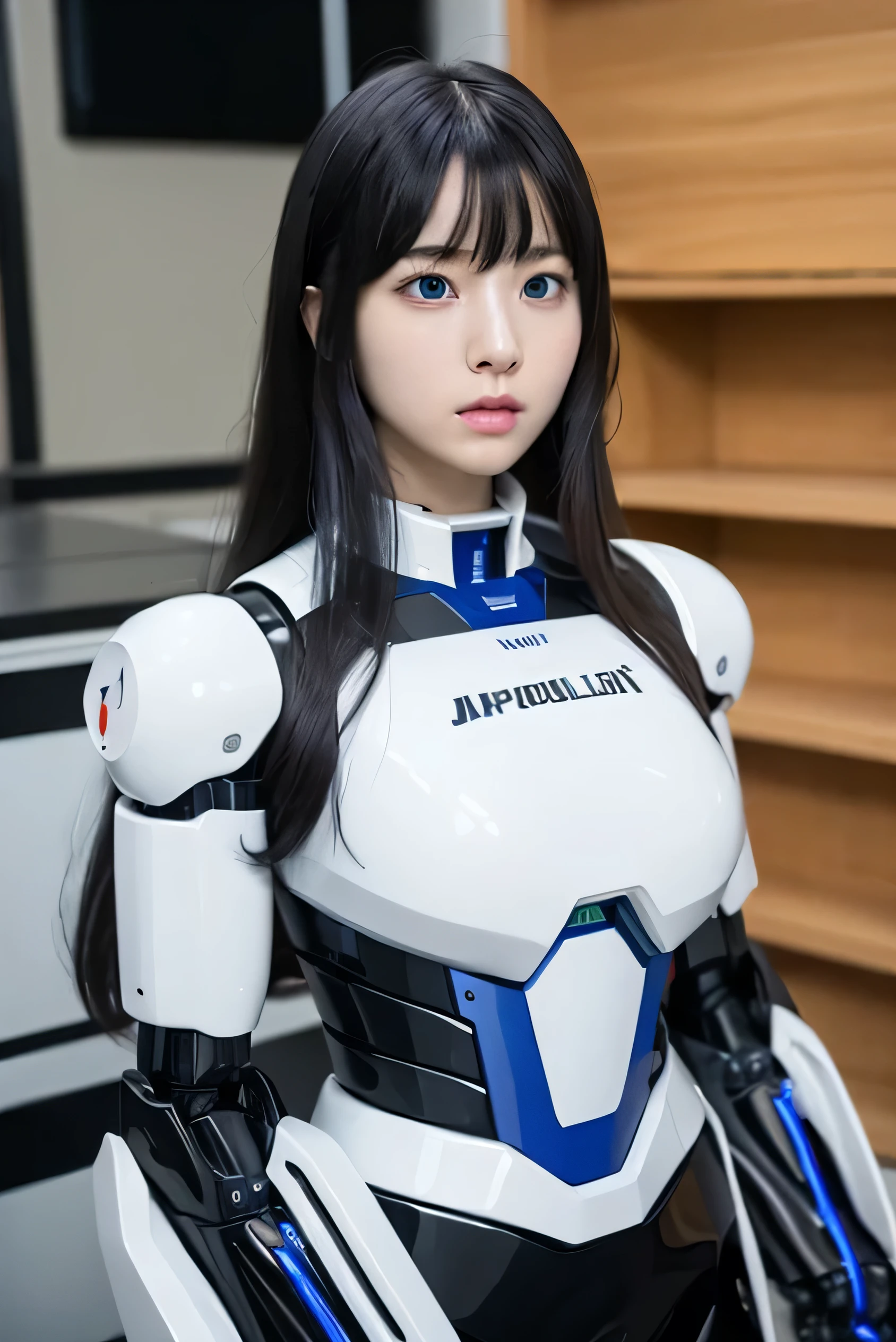 masterpiece, best quality, extremely detailed,8k portrait,Japaese android girl,Plump , control panels,android,Droid,Mechanical Hand, Robot arms and legs, Black hair,Blunt bangs,perfect robot girl,long tube,thick cable connected her neck,android,robot,humanoid,cyborg,japanese cyborg girl ,robot-assembly plant,She has assembled now,assembly scene,white robot body,blue eyes,hypnosis,blank eyes