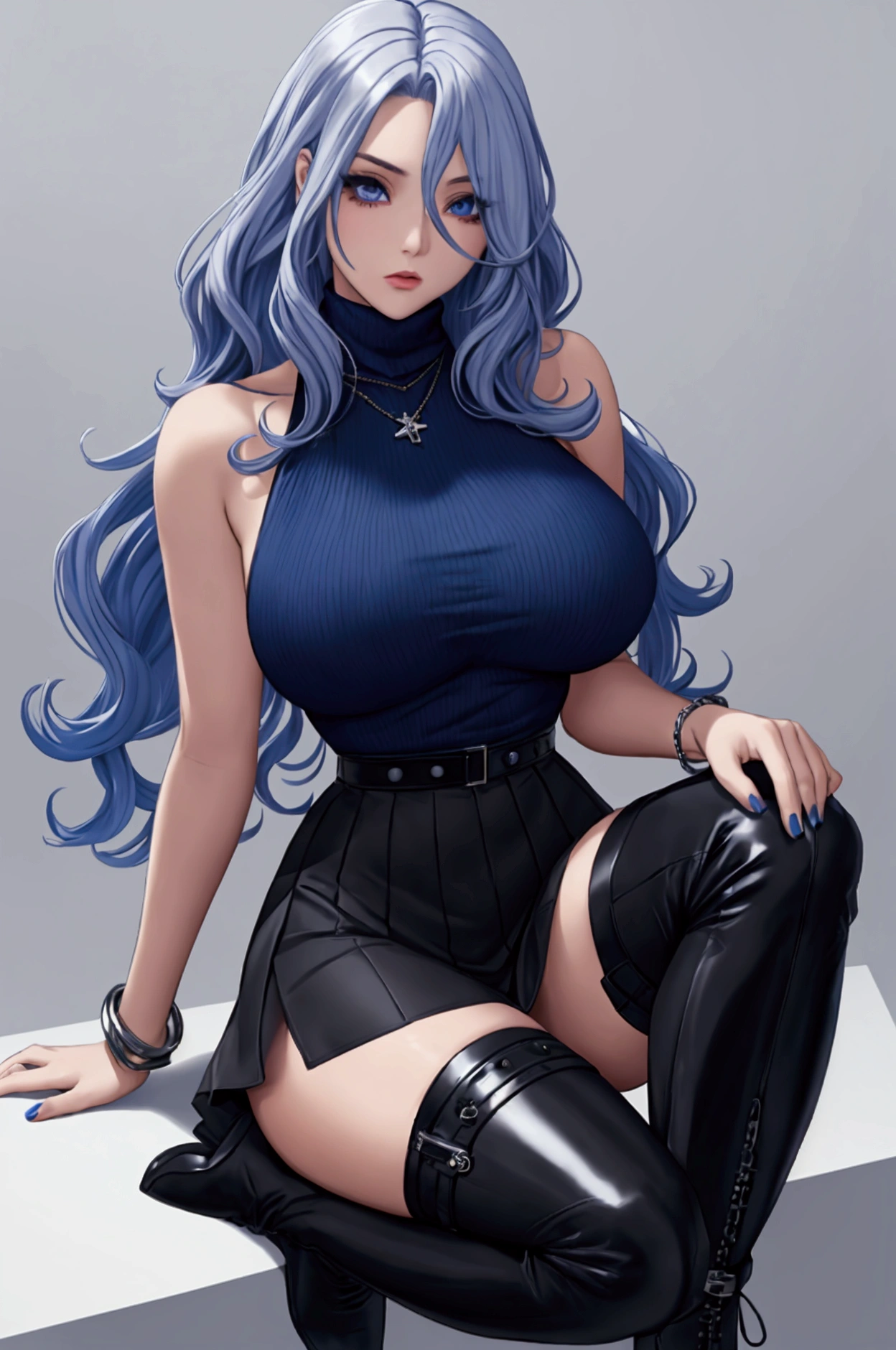 Figure : women . Colored hair : long platinum and maybe a little wavy . Eye : blue . body : Big round breasts , small waist , big dream . Skin : hang a turtleneck , with black short skirt , wear long black socks , with boots . Accessory : wear bracelet necklace . cold look