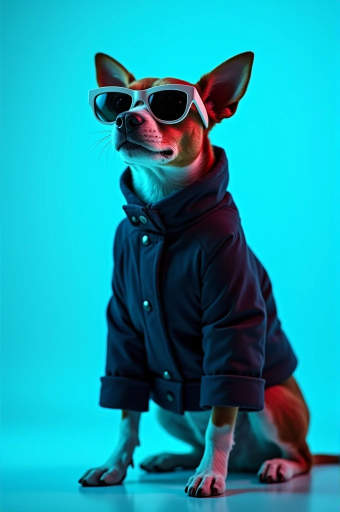 The best cell phone wallpaper, Award-Winning Wallpaper, portrait photography, In the front view is a portrait of a cute dog wearing mid-1960s space age fashion, Side view photo, Shot with Canon EOS R5, Set a strong contrast that accentuates the subject, Fluorescent blue tone, Wearing a very modern coat and sunglasses is a modern 1960s style, Clothes all in one color, beautiful background