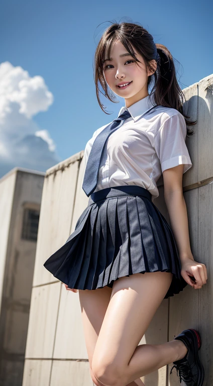 ponytail, One girl, extremely cute face, Great face and eyes, (Highly detailed eyes, Highly detailed face), (Ultra-realistic, High resolution), (Highest quality:1.4), RAW Photos, (Realistic, Photorealistic:1.37), Professional photography, (Browsing Caution:1.0)、Highest quality, masterpiece, 超High resolution, (Realistic:1.4), RAW Photos, (Pleated mini skirt:1.3), Dark Blue Skirt, The Face of Japan, , 21, Sea side, school uniform, beautiful, ((White shirt)), Short sleeve, cute, smile, Flying tie, Huge Pillar of Clouds, Strong wind from below, Soaring skirt, vagina with pubic hair visible, jump off , Are standing, Crotch shot, (Browsing Caution)、 (labia)、A strong wind blows from below and flips up my skirt、(((cute猫)))