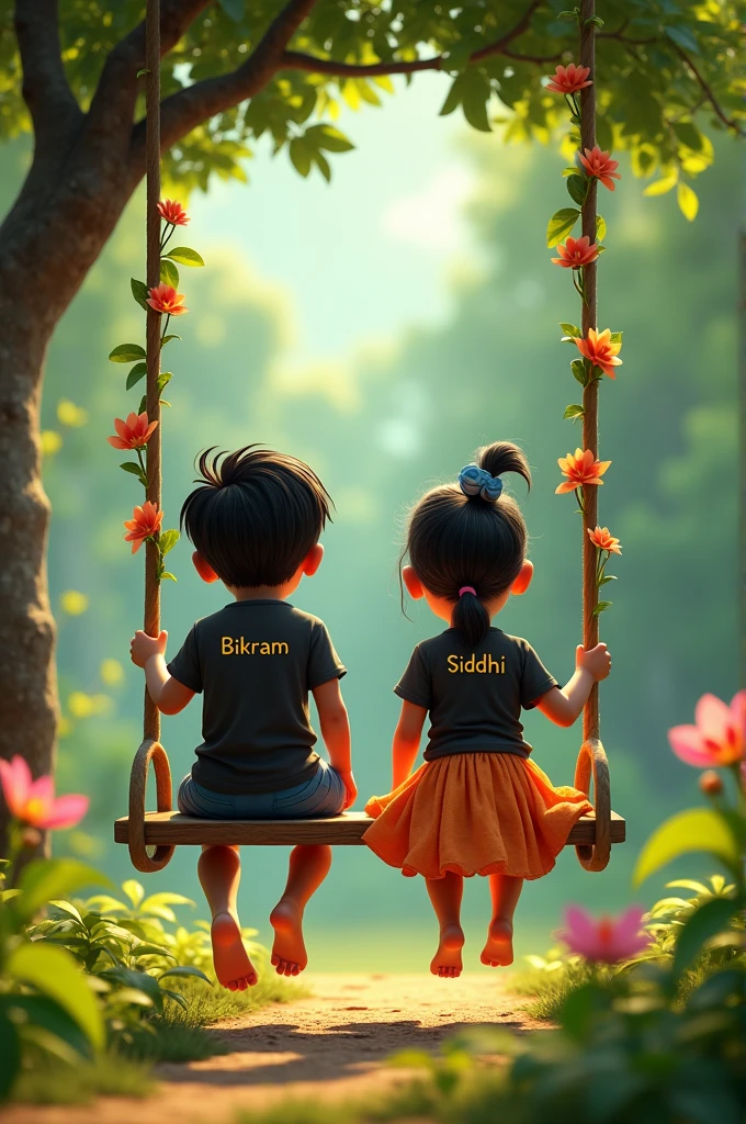 4TH PROMPT :- There are 1 Indian boy wearing “BIKRAM” written Black colour t-shirt and jeans and girl wearing “siddhi” written Black colour t-shirt and jeans Both sitting bare feet. on a swing with Krishna ji, Krishna ji is playing the flute. and “Happy Krishna Janmashtami” written on the swing top border. nature green here and there create a realistic 4k,