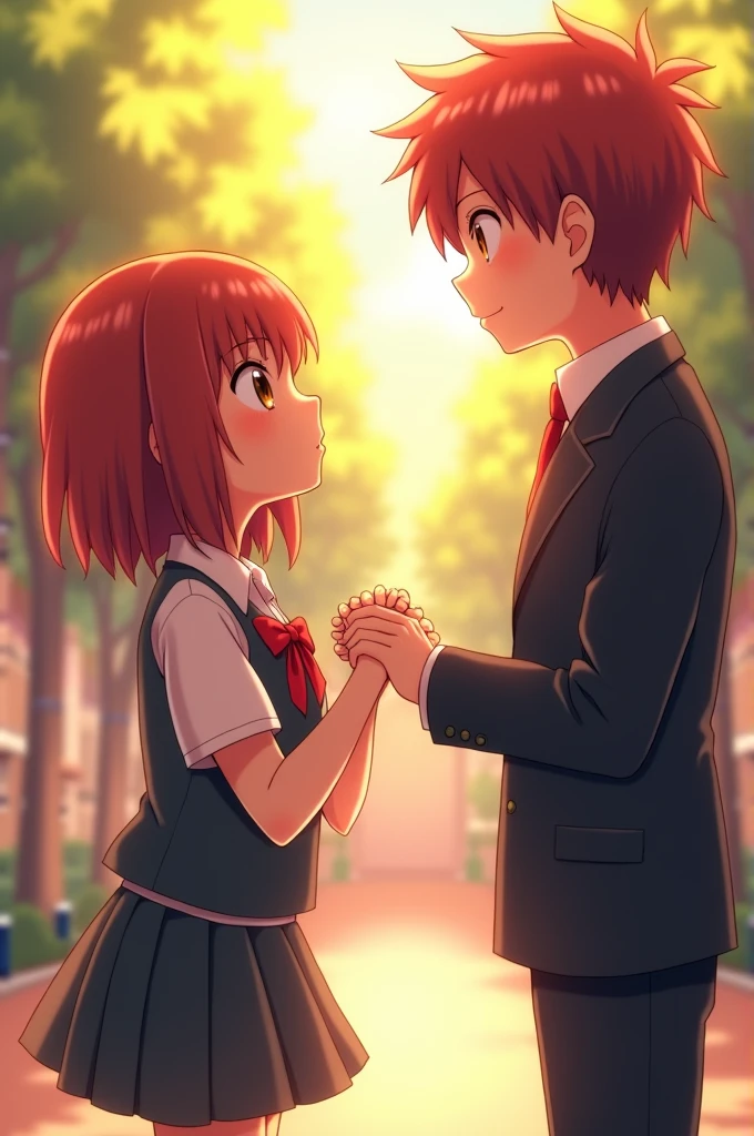 A girl in a UA uniform, short, chubby girl, round face, big brown eyes, long eyelashes, small nose, thick lips, Short red hair, straight hair, holding hands with katsuki bakugo
