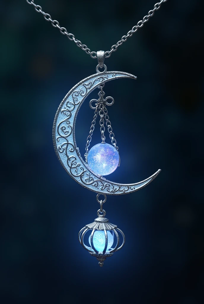 This is an enchanting crescent moon necklace, featuring a glowing, luminescent design. The crescent moon pendant is large and dominates the design, curving gracefully with a delicate filigree pattern that adds intricate detail to its surface. The crescent has a soft, radiant Rainbow glow that emanates from within, creating a magical and otherworldly effect. Hanging from the inside of the crescent moon is a small, spherical crystal or orb, encased in an ornate, Golden metal cage. The orb also emits a faint Rainbow glow, harmonizing with the light of the crescent moon. The metal cage surrounding the orb is intricately designed, with delicate swirls and loops that add a touch of elegance and complexity. The pendant is attached to a fine, Golden chain that complements the overall design. The chain is simple and unobtrusive, allowing the focus to remain on the glowing crescent moon and orb pendant. The overall aesthetic of the necklace is mystical and celestial, perfect for someone who appreciates unique, fantasy-inspired jewelry with a touch of magic.