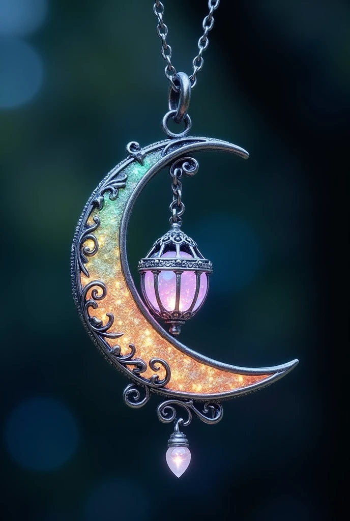 This is an enchanting crescent moon necklace, featuring a glowing, luminescent design. The crescent moon pendant is large and dominates the design, curving gracefully with a delicate filigree pattern that adds intricate detail to its surface. The crescent has a soft, radiant Rainbow glow that emanates from within, creating a magical and otherworldly effect. Hanging from the inside of the crescent moon is a small, spherical crystal or orb, encased in an ornate, silver metal cage. The orb also emits a faint Rainbow glow, harmonizing with the light of the crescent moon. The metal cage surrounding the orb is intricately designed, with delicate swirls and loops that add a touch of elegance and complexity. The pendant is attached to a fine, silver chain that complements the overall design. The chain is simple and unobtrusive, allowing the focus to remain on the glowing crescent moon and orb pendant. The overall aesthetic of the necklace is mystical and celestial, perfect for someone who appreciates unique, fantasy-inspired jewelry with a touch of magic.