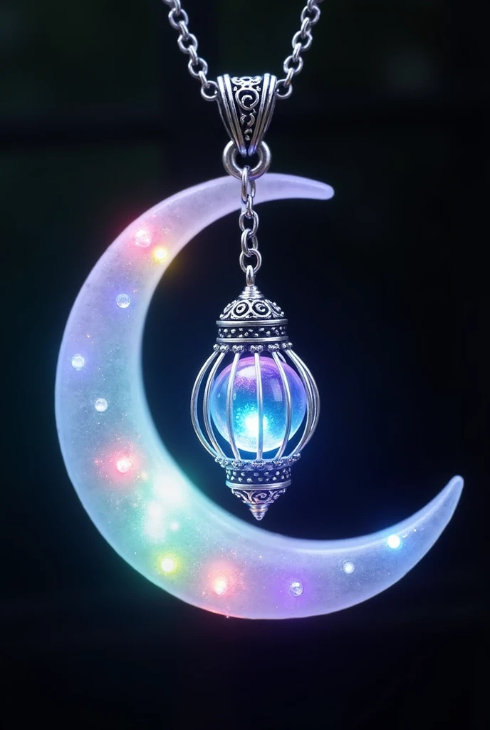 This is an enchanting crescent moon necklace, featuring a glowing, luminescent design. The crescent moon pendant is large and dominates the design, curving gracefully with a delicate filigree pattern that adds intricate detail to its surface. The crescent has a soft, radiant Rainbow glow that emanates from within, creating a magical and otherworldly effect. Hanging from the inside of the crescent moon is a small, spherical crystal or orb, encased in an ornate, silver metal cage. The orb also emits a faint Rainbow glow, harmonizing with the light of the crescent moon. The metal cage surrounding the orb is intricately designed, with delicate swirls and loops that add a touch of elegance and complexity. The pendant is attached to a fine, silver chain that complements the overall design. The chain is simple and unobtrusive, allowing the focus to remain on the glowing crescent moon and orb pendant. The overall aesthetic of the necklace is mystical and celestial, perfect for someone who appreciates unique, fantasy-inspired jewelry with a touch of magic.
