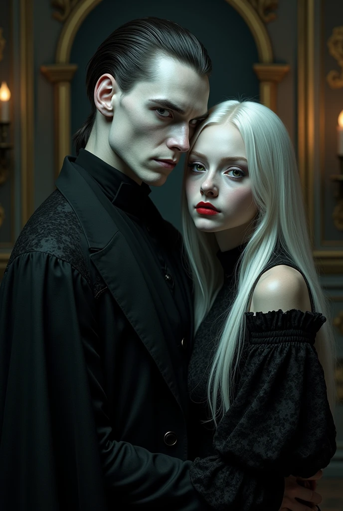 Vampire man, 30 years, with albino girl, middle age, lile father and daughter