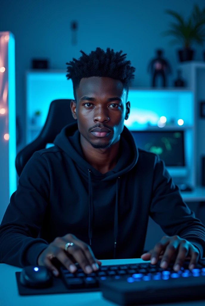 A handsome 2 young black man is looking directly at the camera from a frontal perspective in a dark gaming room. The environment is illuminated by soft blue LED lights, casting a cool glow around him. He is sitting at a sleek gaming desk filled with high-tech equipment, including a gaming monitor, keyboard, and mouse. The background features various gaming posters and futuristic decor, enhancing the immersive atmosphere of the space. His expression is focused and engaged, reflecting the intensity of his gaming experience.