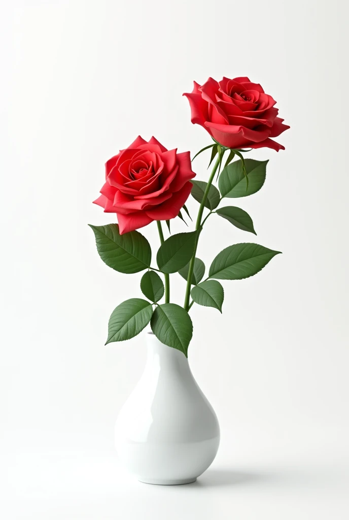 A delicate arrangement of blooming red roses, their petals soft and vibrant, in a pristine white vase.A minimalist composition featuring a single stem of red roses green leaf, their beauty highlighted by the stark white background."