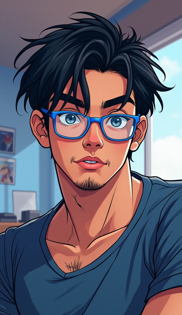 I am a man with short, black, wavy hair with an American cut., with very black eyebrows, with a round face and a little cheeks, lips a little thick, I wear blue framed glasses with square lenses. I&#39;m 2 and I like games, thin black mustache and beard. In a kind of Asian style, just the eyes, I don&#39;t wear earrings. I&#39;m a little strong and a little full.
With game themes as if it were an anime or game character