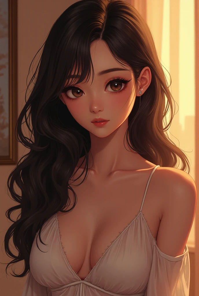 anime, a topless beautiful girl, long wavy hair, detailed facial features, beautiful eyes, detailed lips, detailed skin, detailed body, elegant pose, cinematic lighting, warm color tones, highly detailed, photorealistic, 8k, ultra-detailed, masterpiece, digital art