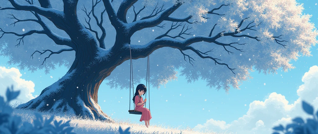 "Draw a beautiful anime-style scene featuring a young girl sitting on a swing under a large tree. Snowflakes are gently falling around her, creating a serene and magical atmosphere. The image should be in a Japanese aesthetic, with vibrant and delicate colors. The tree should have lush, intricate branches and the snow should add a soft, enchanting touch to the scene."