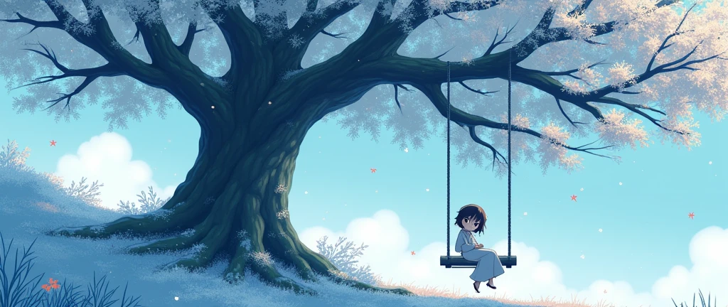 "Draw a beautiful anime-style scene featuring a young girl sitting on a swing under a large tree. Snowflakes are gently falling around her, creating a serene and magical atmosphere. The image should be in a Japanese aesthetic, with vibrant and delicate colors. The tree should have lush, intricate branches and the snow should add a soft, enchanting touch to the scene."
