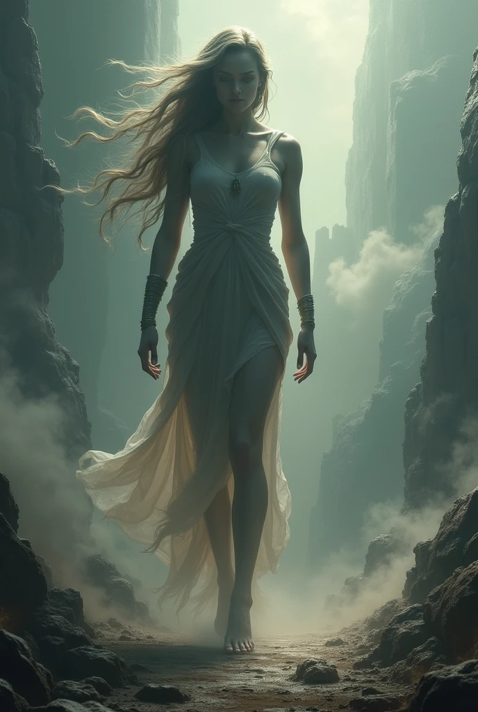 A tall man、The Giant Goddess,and sports and. Her toned physique and athletic figure hint at her immense strength.. She seemed to be strolling leisurely among the nebulae of the universe,Smoke and clouds rolled around her, Adds epic scale and drama. Dim Lights, gloomy, and realistic, Create tension、Ominous atmosphere. The perspective is from below, Emphasizes the sheer majesty and power of the giantess