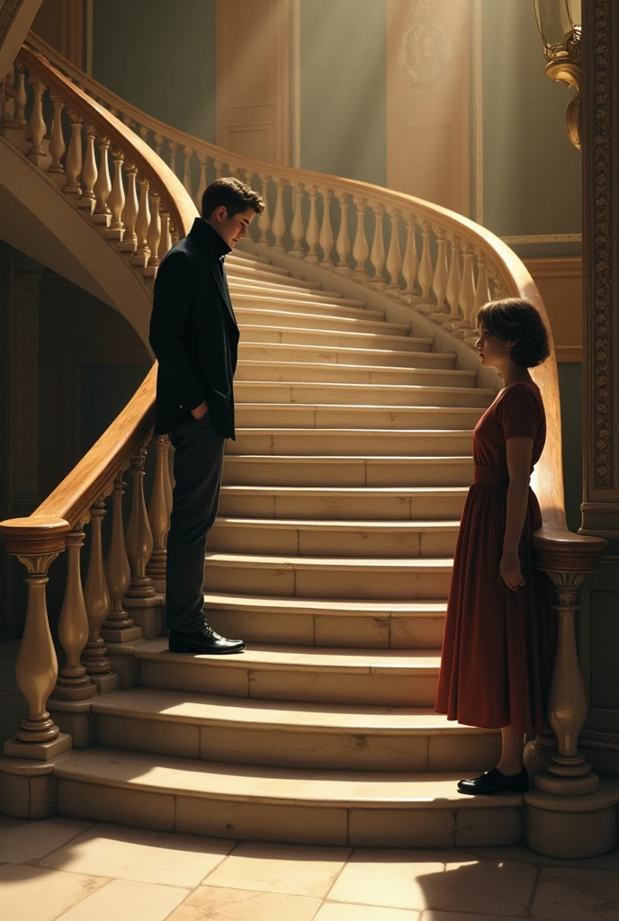 A boy standing top of the stairs (boy standing at step 30) taking support of the side grip by using his hand and bending towards opposite side of grip and staring or admiring girl at the bottom of the stair(girl standing at step 5)(stairs contain 30 steps)