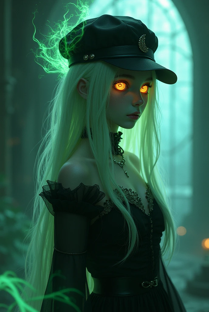 Gemera is a girl with long, straight hair and light lime-colored skin that is very light and even pale.. Let their eyes be orange but in the shape of aspirals and bright, He dresses in a somewhat gothic way and has a black cap that has a ghostly aura.. Let it be mysterious and scary, let it have a smile. She is 20 years old she is a ghost