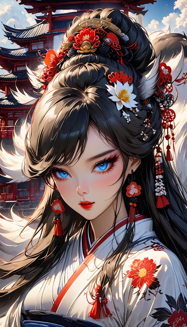 Ink painting, (((1 girl))), (((Tattoo in the middle of the forehead))),(((In the background is the Akatsuki moon))), (((Oiran))), (((Great hair accessories))), Demon possession, ((Masterpiece:1.2)), ((Highest quality)), Extremely detailed and delicate illustration style, Detailed leather texture, Detailed canvas texture, Very detailed description, (Masterpiece T), Extremely beautiful illustration, Highly detailed face, Raw image, professional, Ultra-high resolution panel, Complex details, Superior detail, Intricate decoration details, Perfect anatomy, real, (Very beautiful and cute black and white colored fox woman or girl with blue eyes wearing kimono), ((آذان الثعلب black hair, White hair, multicolor, the beautiful)), (Beautiful black and white colored fox tail), (black hair, White evil, Beautiful and shiny), (((She has claws on her hands.))), (((She has long fangs.))), (Beautiful and clear blue eyes), (Beautiful detailed eyes:1.6), (Traditional black and white detailed costume), Front view, White flower kimono, Black white colorful hakama long skirt, A maxi skirt, Modestly dressed, He smiles, ((Standing and looking at me)), ((The day)), (Extremely detailed and beautiful Japanese temple construction), (8K Highest quality wallpaper), (Extremely detailed and delicate background)