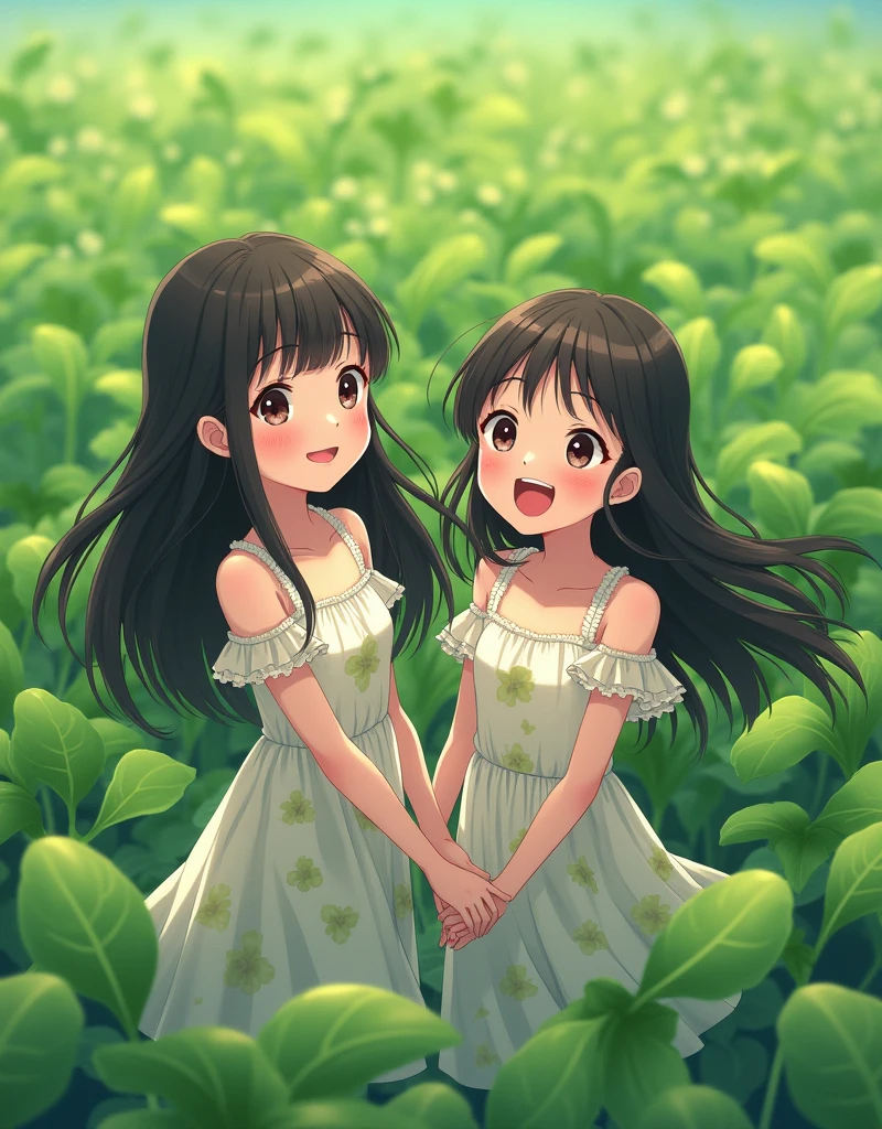 A 2 girl,Black long hair,Wearing a white floral dress,Looking at the fields full of water spinach,Happy smile,Show your teeth,Anime style,Pixar style,Bird's eye view,