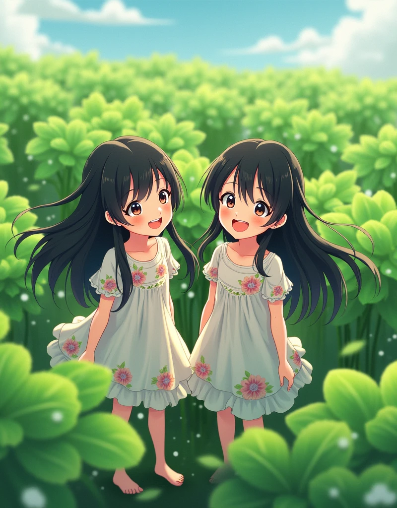A 2girl,Black long hair,Wearing a white floral dress,Looking at the fields full of water spinach,Happy smile,Show your teeth,Anime style,Pixar style,Bird's eye view,