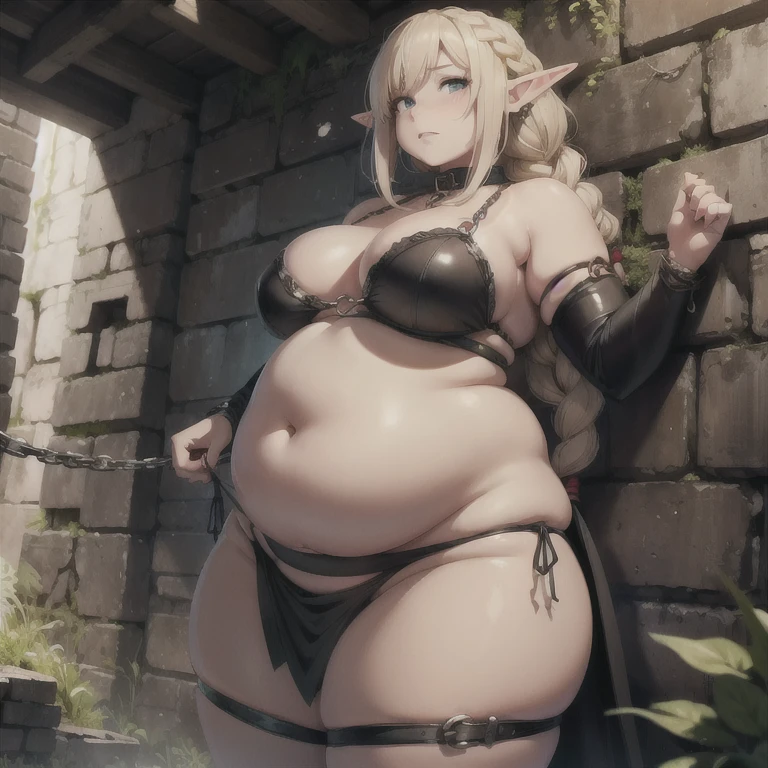 (Best quality), (high resolution), (detailed),1woman, chubby elf girl, clothes, dark fantasy, two braids, shy pose, bloated belly, tied up, dungeon, chains, kidnapped elf girl, (chained up)