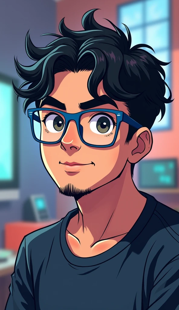 I am a man with short, black, wavy hair with an American cut., with very black eyebrows, with a round face and a little cheeks, lips a little thick, I wear blue framed glasses with square lenses. I'm 2 and I like games, thin black mustache and beard. In a kind of Asian style, just the eyes, I don't wear earrings. I'm a little strong and a little full.
With game themes as if it were an anime or game character