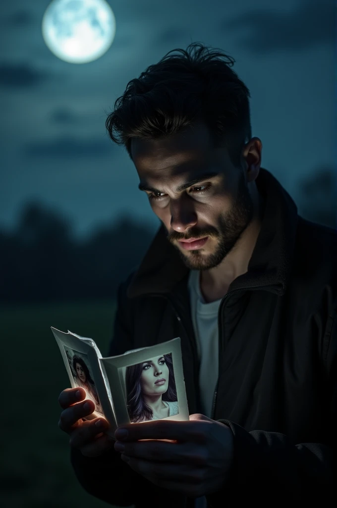 Man messing his girlfriend and watching her photo under moon