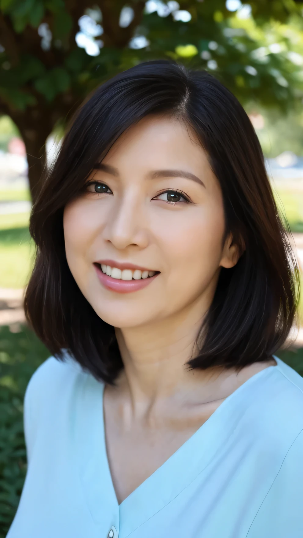 Standing in the park, Wrinkles around the eyes, Smiling with teeth showing, Plain short-sleeved clothing, senior citizen, Draw lips correctly, Red lipstick, No discomfort, 16K, Highest quality, Very detailed, Realistic, Very detailed肌, (Japanese), (alone), 60 years old, Large Breasts, , Glamour, sexy, Chromo White Skin, Staring straight ahead,
