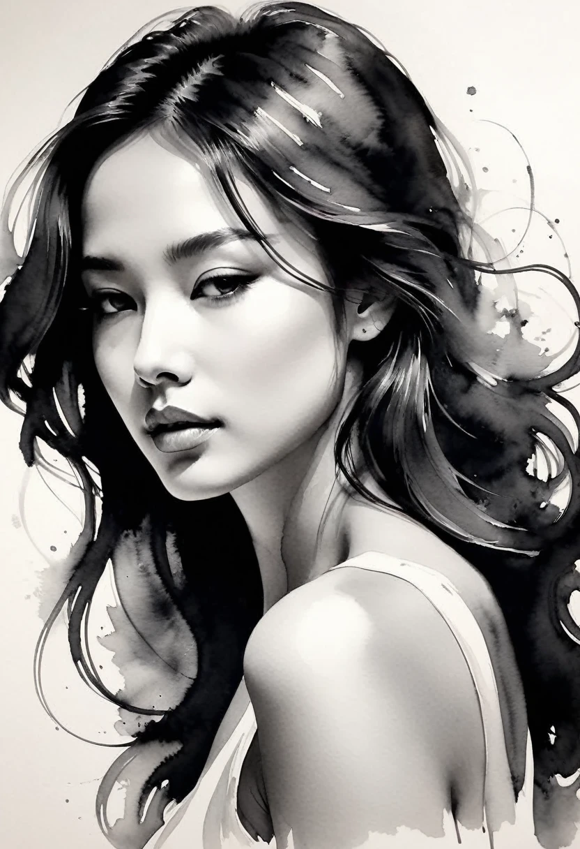 girl,ink painting,Loose brushstrokes,Pen outlines delicate lines,flowing action,Subtle ink tones,elegant posture,A peaceful expression,Delicate facial features,black and white,clean
