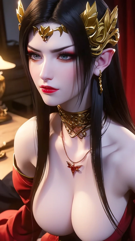 1 girl, ((8k, RAW photo, best quality, masterpiece:1.2)) Big: 1.3, pretty face, looking at viewer, thick thight, red lips, Ultra realistic, extreamly detailed, Very detailed body, Huge Breast, huge , detailed face, Hyper realistic, Beautiful Face, Beautiful Detail Eyes, Beautiful Skin, Attractive, Ultra High Resolution, High Definition, Detailed Face, best quality, extremely detailed, pink areola, not wearing a cloth, naked, necklace, earing, vaginal, solo, dynamic lighting, cowboy shot, naughty face, Super fine face and eyes，long hair， big boob，Expose cleavage, lightning, hyper-realistic graphics, most realistic graphics, 1 girl, alone, solo, Extremely sharp, surreal image, sharp eye makeup, meticulous makeup eyelashes, pretty red lips, pursed lips, full body shot, inside the room, naked, undressed, NSFW.
