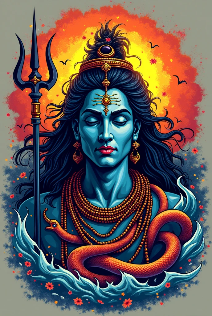 "Create a vibrant and dynamic t-shirt design featuring the powerful mantra 'Har Har Mahadev.' Incorporate bold, energetic colors that evoke a sense of strength and devotion. The design should blend traditional elements like tridents, serpents, and the sacred Ganga, with modern artistic flair. The mantra should be the focal point, with intricate patterns and textures surrounding it, creating a visually stunning tribute to Lord Shiva that resonates with both spiritual and contemporary aesthetics."
